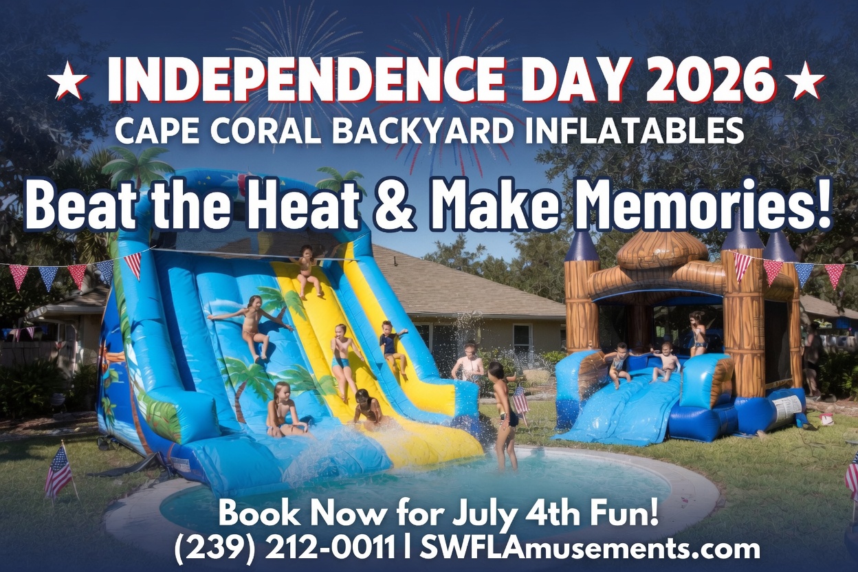 Kids on a tall backyard water slide in Cape Coral on July 4th with American flag and palms