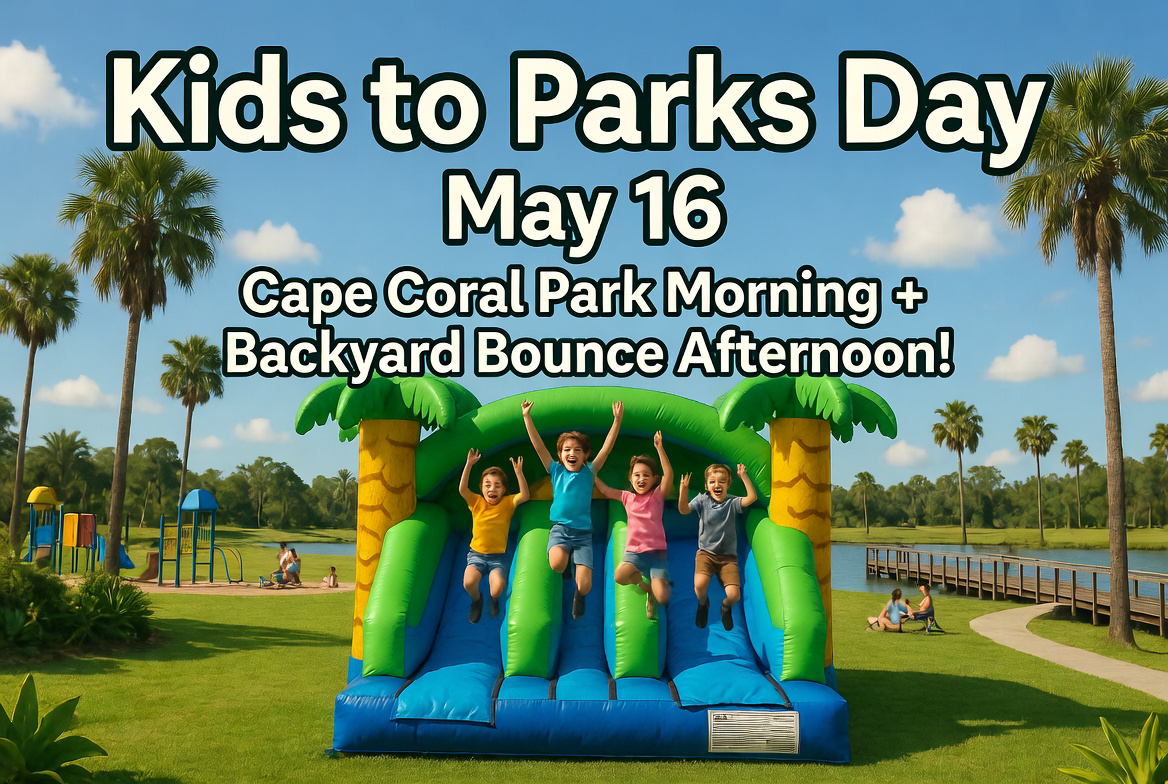 Cape Coral kids playing at a Lee County park in the morning then bouncing in a backyard bounce house that afternoon