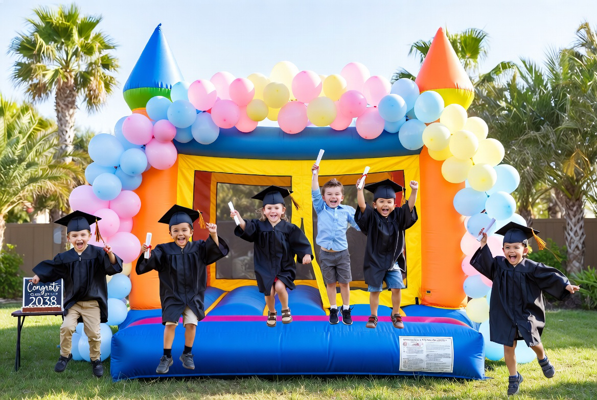 Smiling kindergarten kids in graduation caps celebrating near a bounce house in a Cape Coral backyard