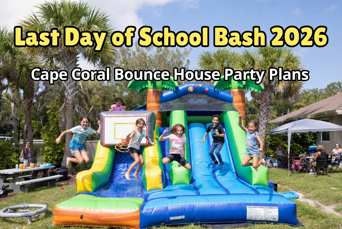 Cape Coral kids cheering on a backyard bounce house and water slide celebrating the last day of school
