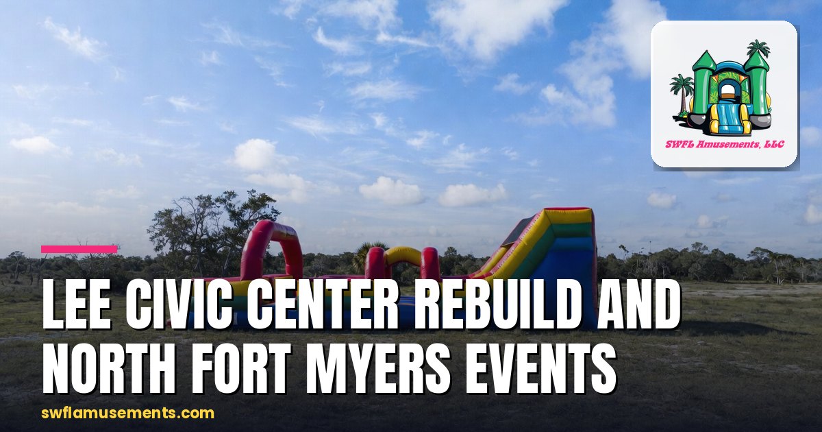 Inflatable obstacle course on an open North Fort Myers field under a clear October afternoon sky