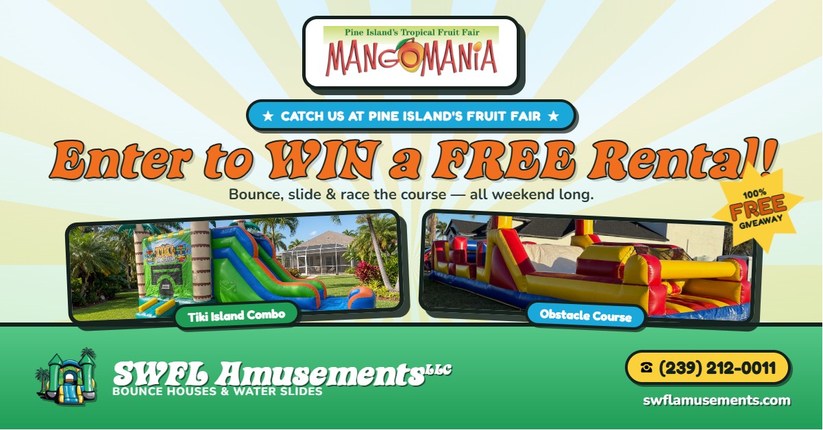 SWFL Amusements tent with Tiki Island bounce house and Straight Obstacle Course at Pine Island MangoMania fair