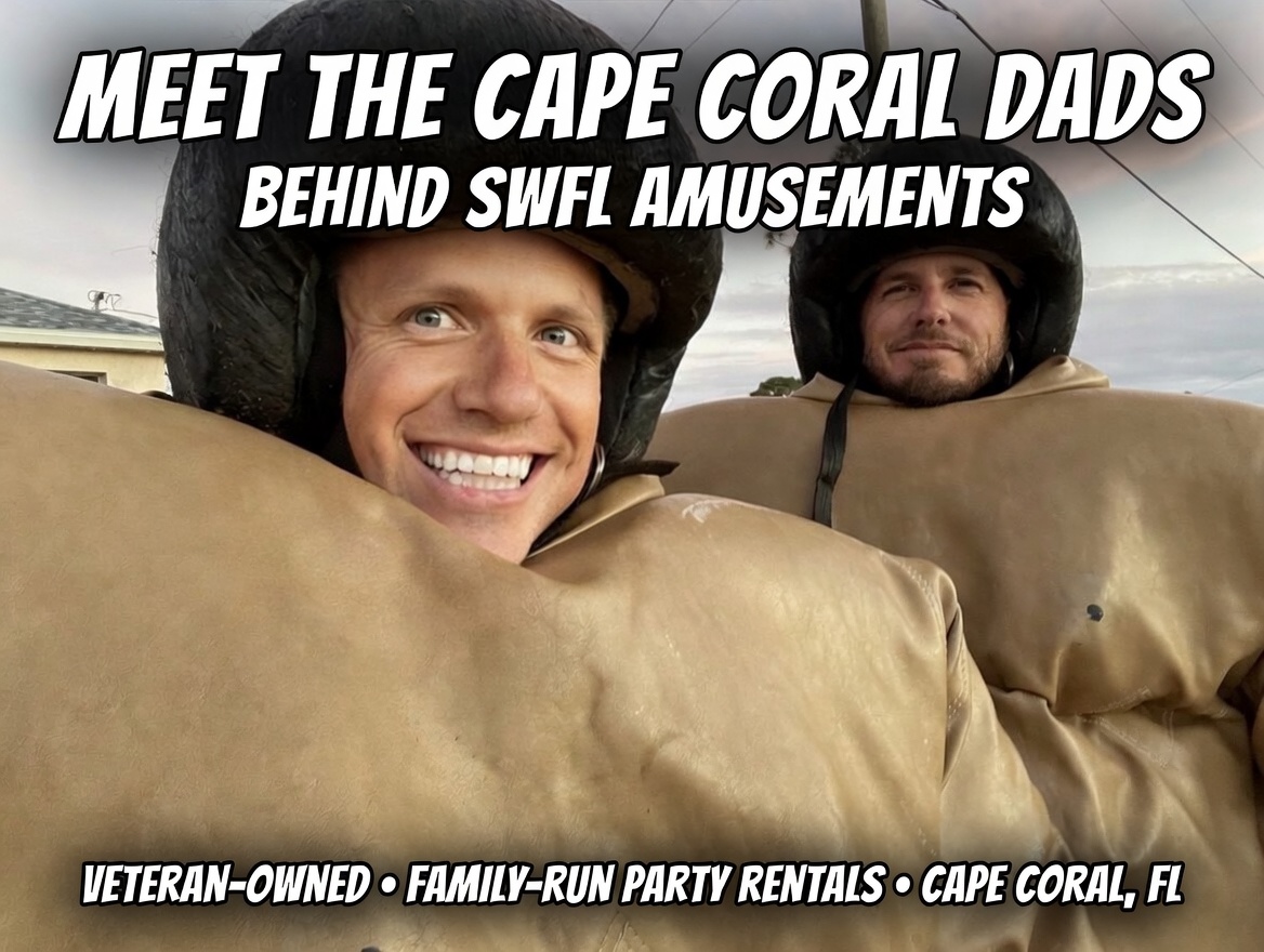 Co-founders Gabe and Chris in sumo suits in a Cape Coral backyard SWFL Amusements setup