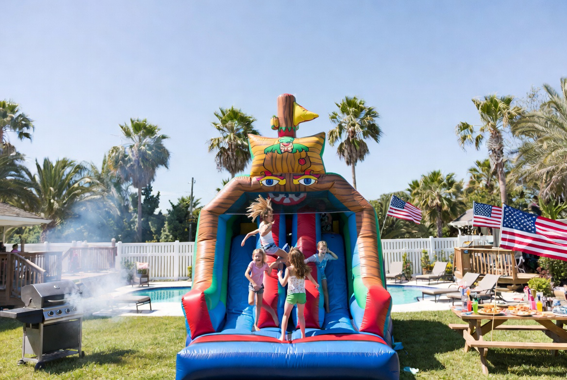 Cape Coral backyard Memorial Day cookout with American flags bounce house water slide and family grilling outside