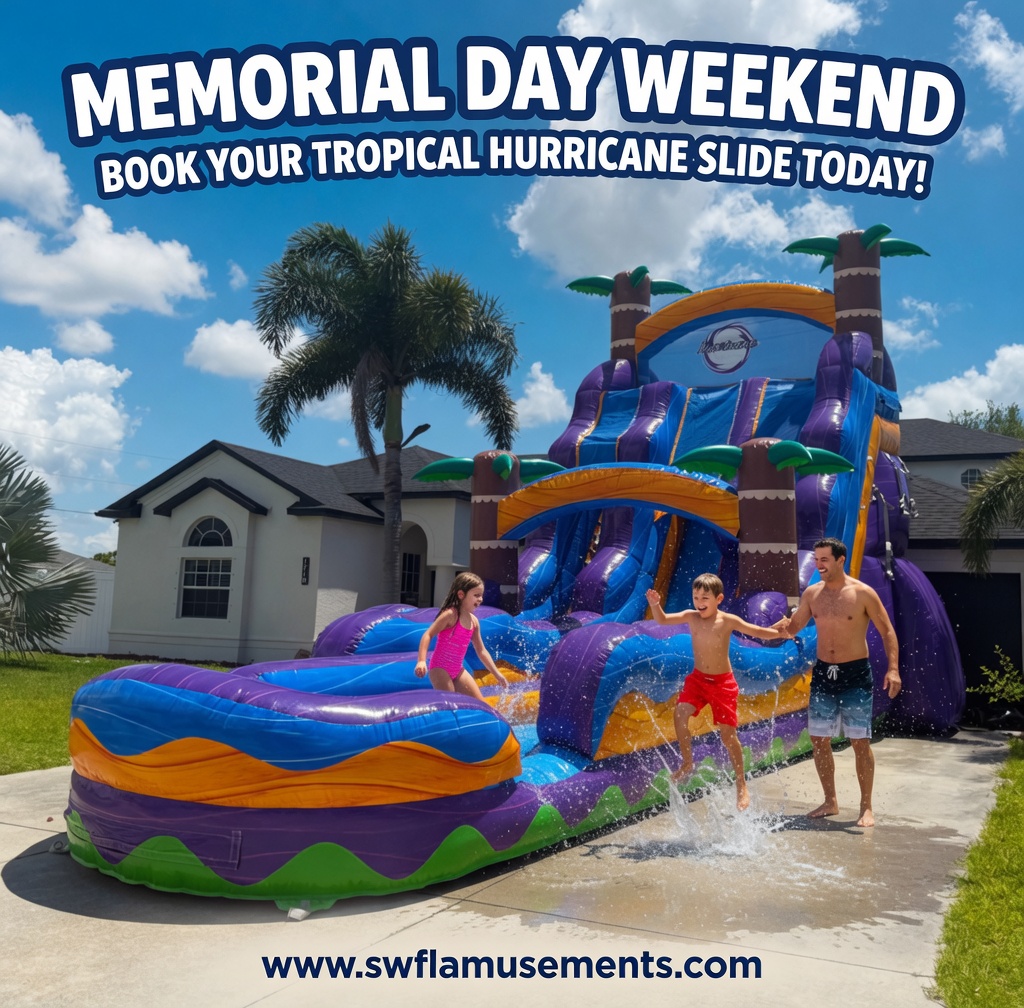 Kids splashing down a tall tropical water slide in a Cape Coral backyard on a sunny Memorial Day