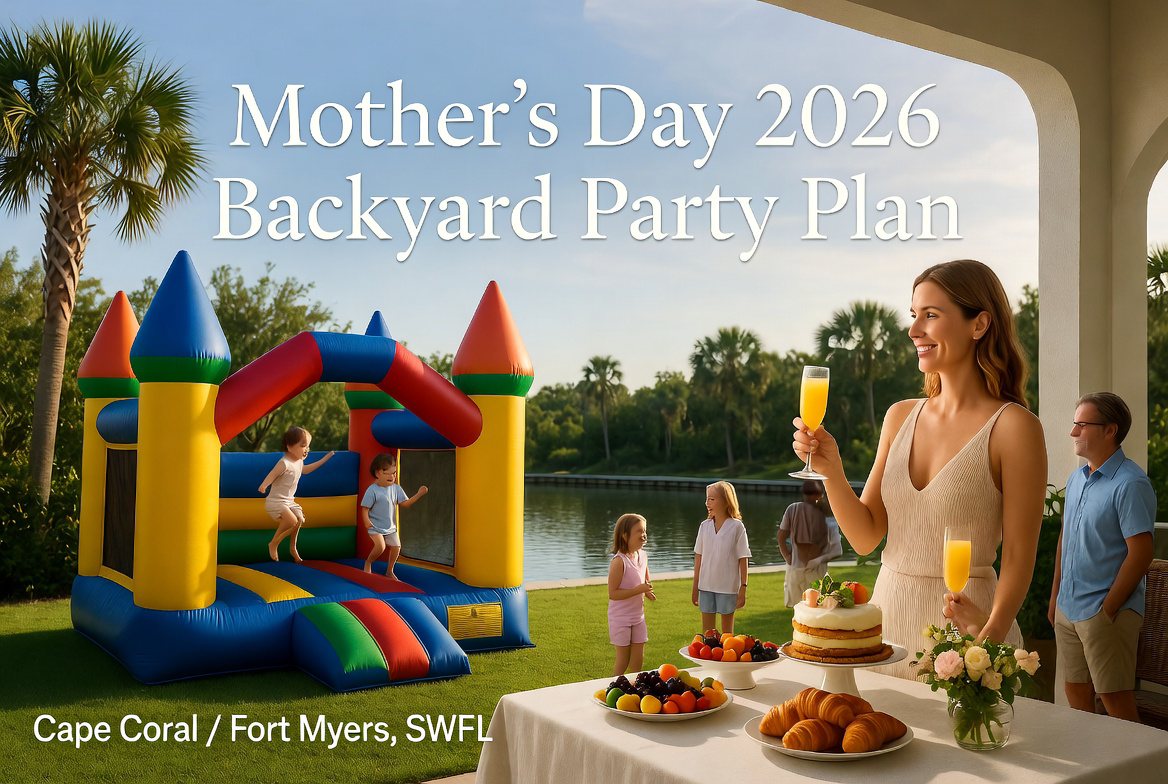 Three generations of women laughing on a Cape Coral patio while kids bounce nearby in pastel decor