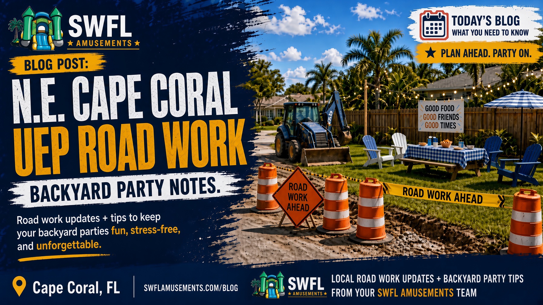 Orange construction barrels along a Cape Coral residential street beside a freshly graded front swale