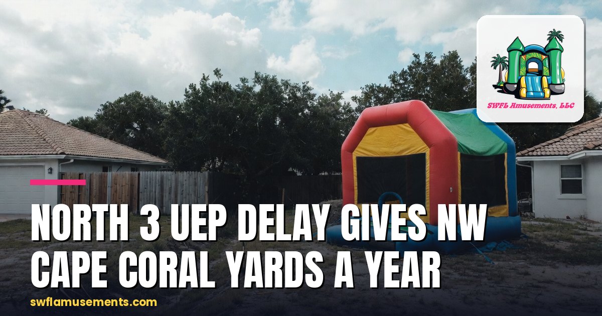 Bounce house on a northwest Cape Coral yard beside an unpaved swale and survey stakes