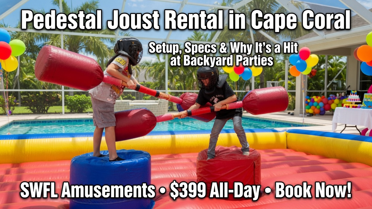 SWFL Amusements pedestal joust in action at a recent community event at the Naples YMCA, competitors on inflatable pedestals with foam poles
