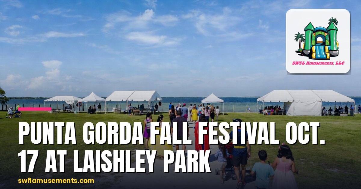 Families in costume walking a sunny waterfront park lawn past rows of white vendor tents