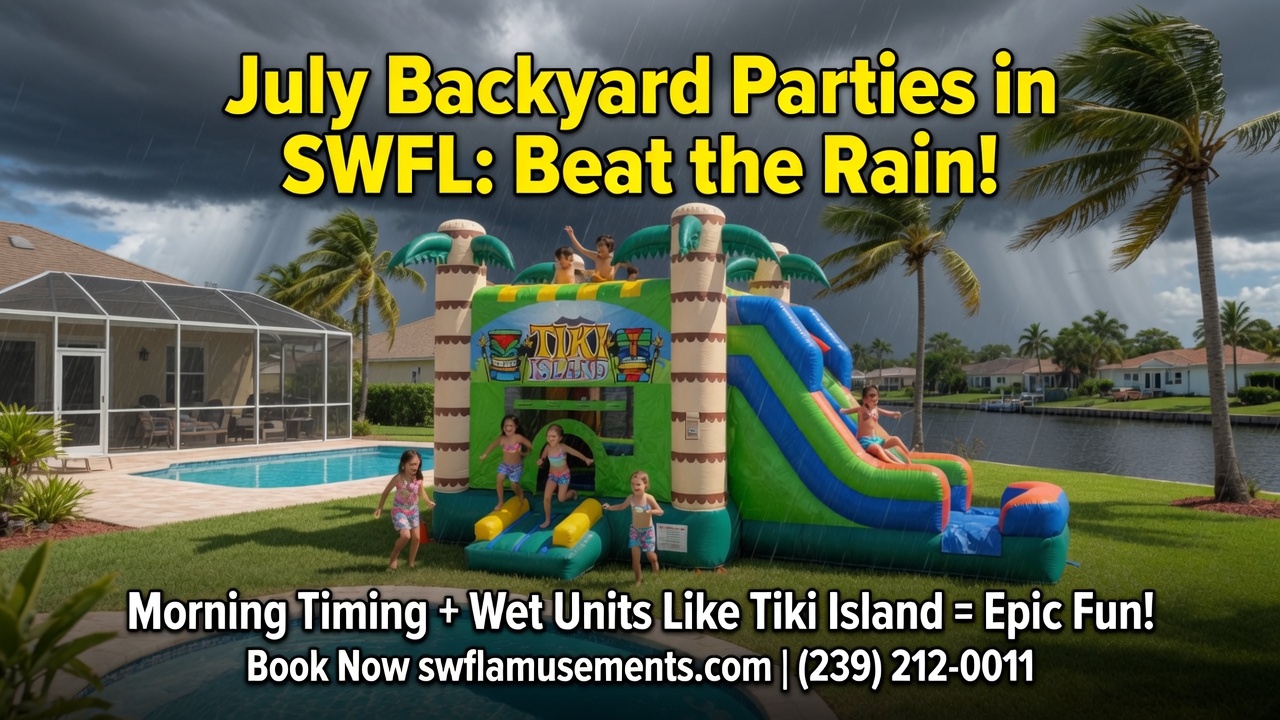 Cape Coral backyard bounce house setup with an afternoon July storm building in the sky