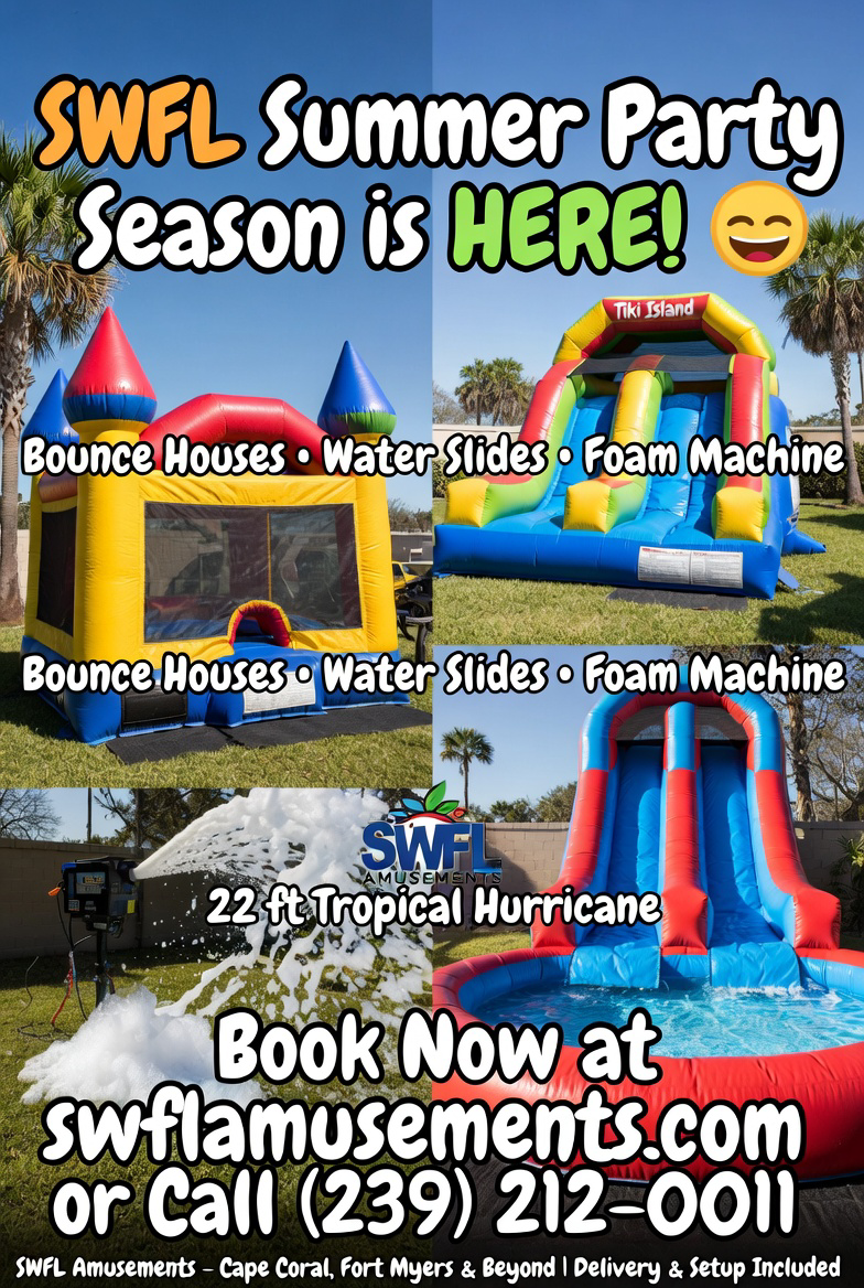 Kids splashing on a water slide at a sunny Cape Coral summer backyard party