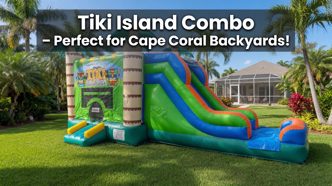 Tropical-themed Tiki Island bounce house combo with palm-tree graphics and slide set up on grass in a Cape Coral backyard