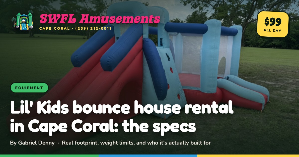 Small colorful toddler bounce house with mesh sides and a short slide set up on a green Florida lawn