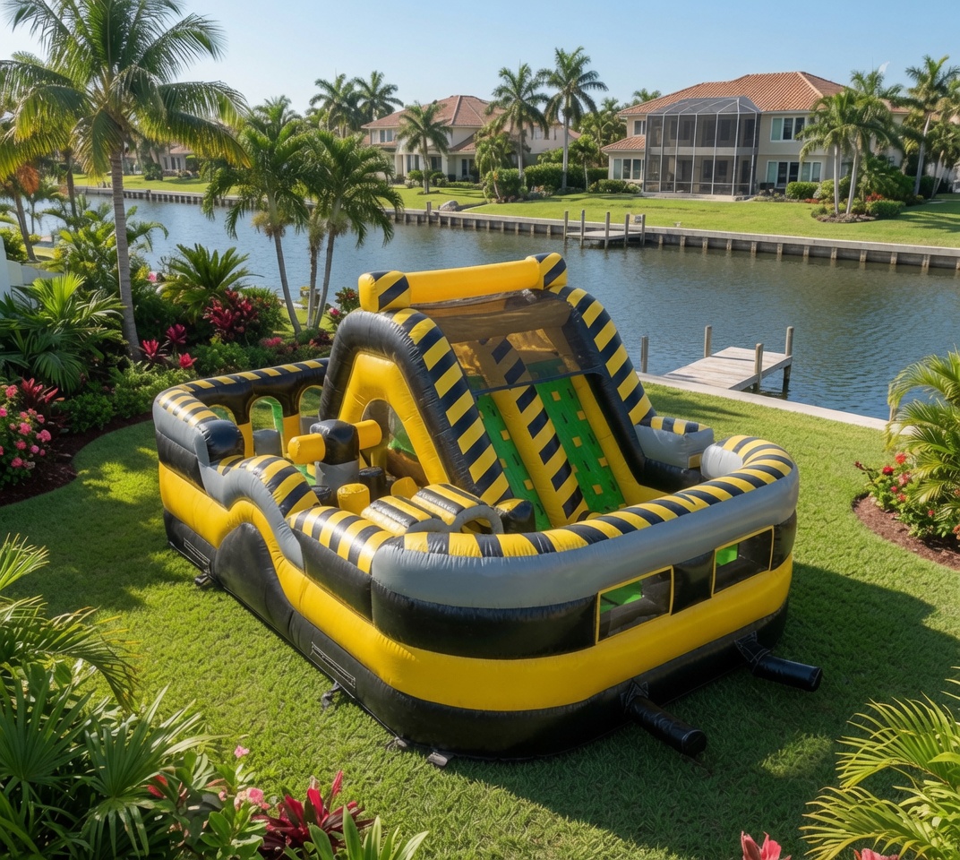 Long green and black inflatable obstacle course set up across a wide Cape Coral backyard with palm trees behind it