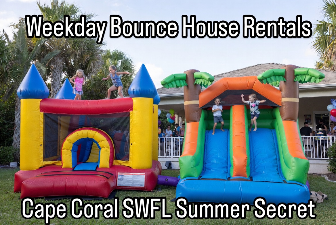 Kids bouncing inside a colorful inflatable castle on a sunny Cape Coral weekday afternoon backyard