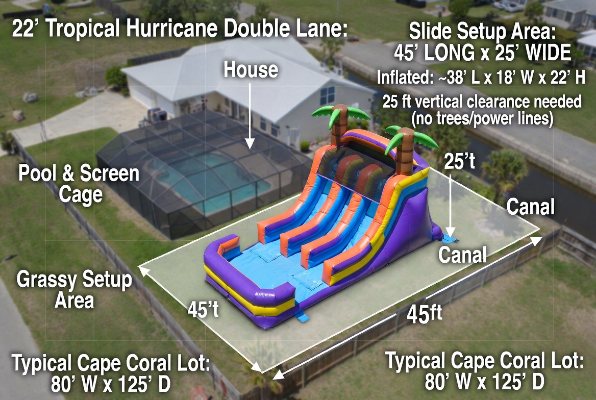 Aerial diagram showing a 22 foot dual lane water slide footprint on a Cape Coral backyard lot