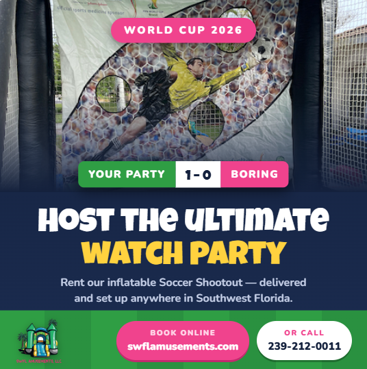 Cape Coral backyard watch party with a big inflatable screen, folding tables, chairs, and kids playing on an inflatable soccer game